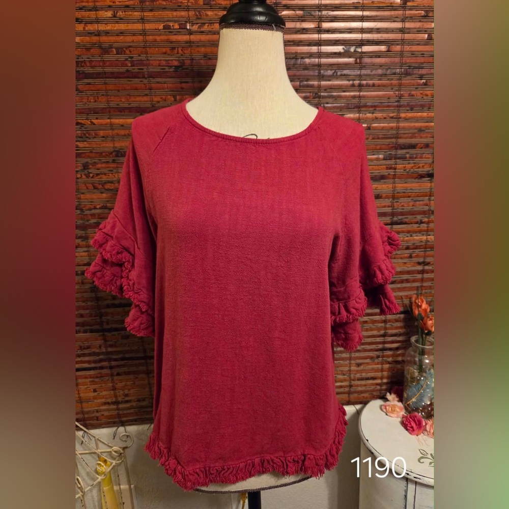 Umgee Deep Berry Ruffled Short Sleeve Tee
